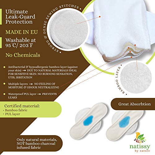 Compresas de tela reutilizables, pack de 6 compresas ecologicas de bambú puro con alas (de tamaños S y M) HECHAS EN LA UE, para menstruación, incontinencia; compresas lavables organico para mujer