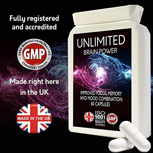 Concentración, memoria, estado ánimo, aprendizaje - Suplemento nootrópico Formulación avanzada - con L-tirosina, L-teanina, guaraná, L-taurina - Hecho en el Reino Unido