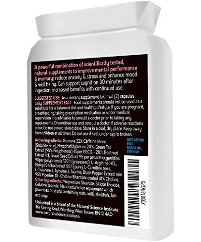 Concentración, memoria, estado ánimo, aprendizaje - Suplemento nootrópico Formulación avanzada - con L-tirosina, L-teanina, guaraná, L-taurina - Hecho en el Reino Unido