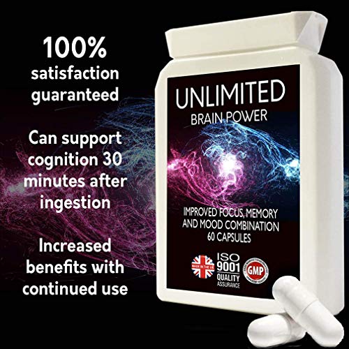 Concentración, memoria, estado ánimo, aprendizaje - Suplemento nootrópico Formulación avanzada - con L-tirosina, L-teanina, guaraná, L-taurina - Hecho en el Reino Unido