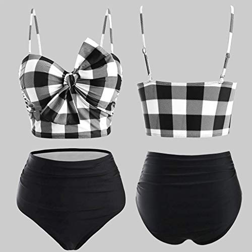 Conjunto de bikini para mujer, a cuadros, con cintura alta, acolchada, con lazo, sexy traje de baño de dos piezas Negro Negro ( L