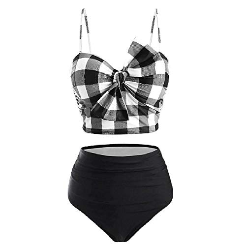 Conjunto de bikini para mujer, a cuadros, con cintura alta, acolchada, con lazo, sexy traje de baño de dos piezas Negro Negro ( L