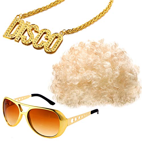 Conjunto de Disfraces Hippies Peluca Afro de Moda Collar de Gafas de Sol para Fiesta Temática de los Años 50/60/70 (Estilo C)