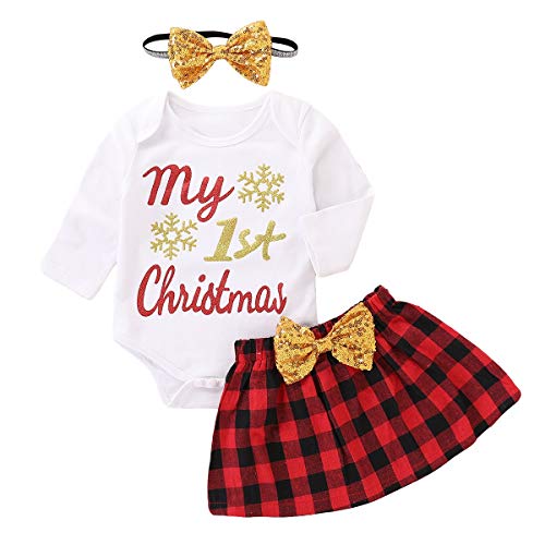 Conjunto de Vestido de Navidad para niñas bebés Mameluco de Manga Larga + Falda a Cuadros roja + Trajes de Diadema de Bowknot (Color : White+Red, Size : 6-12M)