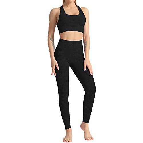 Conjunto Yoga 3 Piezas Ropa Fitness , Pantalones De Yoga Súper Elásticos Sin Costuras+Bralette Para Mujer+Camiseta Deportiva De Manga Larga Sin Costuras Mujer Negro ( L