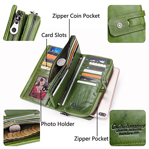 Contacts Cartera de Cremallera del Titular del teléfono de Secretaria del Secretario de Mujeres del Cuero Genuino (Verde)