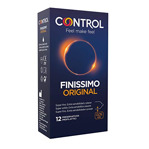 Control Preservativos Finissimo Original- Caja de condones muy finos, gama sensibilidad, lubricados, ajuste perfecto, sexo seguro, 12 unidades