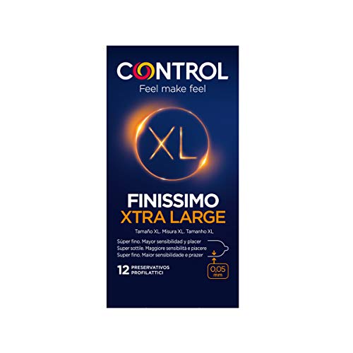 Control Preservativos Finissimo XL- Caja de condones super finos y extra grandes, gama sensibilidad, lubricados, ajuste perfecto, sexo seguro, 12 unidades
