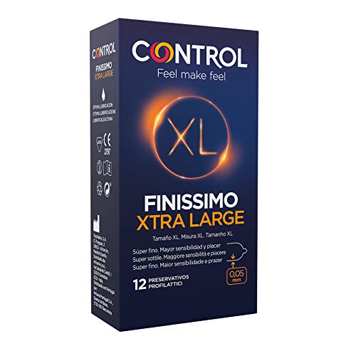 Control Preservativos Finissimo XL- Caja de condones super finos y extra grandes, gama sensibilidad, lubricados, ajuste perfecto, sexo seguro, 12 unidades