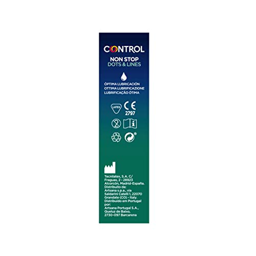 Control Preservativos Non Stop Dots & Lines - Caja de condones, Con puntos y estrías para la estimulación, efecto retardante, perfecta adaptabilidad, sexo seguro, 12 unidades