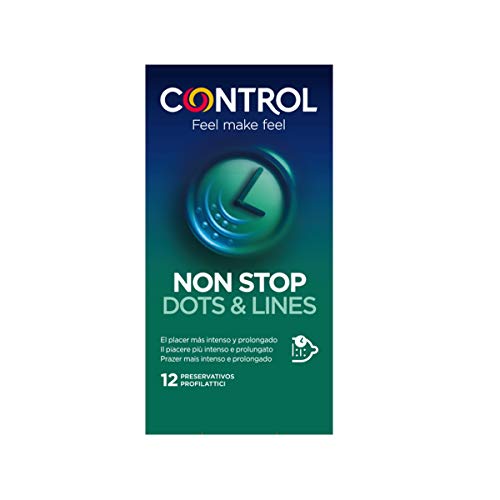 Control Preservativos Non Stop Dots & Lines - Caja de condones, Con puntos y estrías para la estimulación, efecto retardante, perfecta adaptabilidad, sexo seguro, 12 unidades