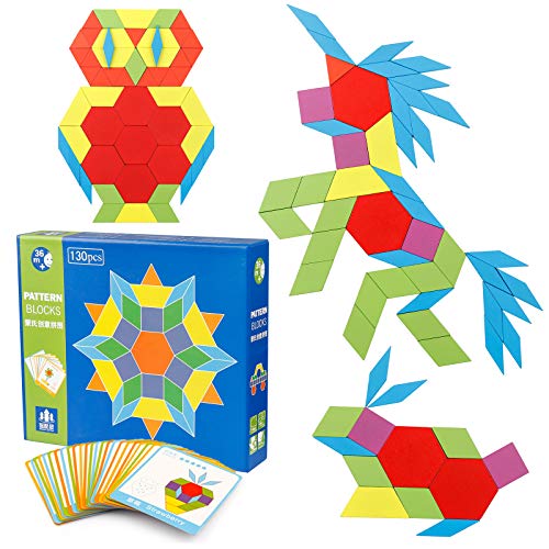 Coogam 130 Piezas Bloques de Patrones de Madera Juego de Forma geométrica de manipulación Manipulative - GráficosTangram Juguetes Regalo de Regalo de Stem para niños con 24 Piezas Tarjetas de diseño
