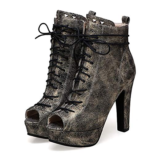 COOLCEPT Mujer Verano Botas Botines Peep Toe Bombas Zapatos High Top Tacon Alto Booties Cremallera Plataforma Zapatos Gold Talla 45 Asian