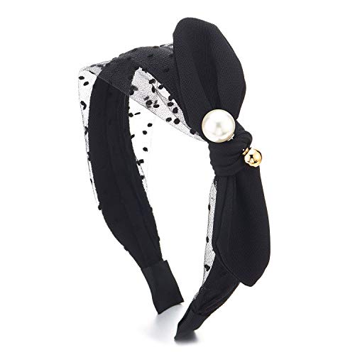 COOLSTEELANDBEYOND Hipster Boho élégante Negro Lazo Perla Cabello Aro Diadema Bandas Bandana Cabeza Cabello Corona con Puntos Encaje