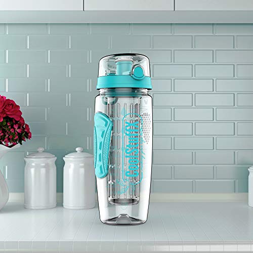 Coolstuffx Botella de agua con infusor de frutas 3 en 1 + batidor de proteínas. Grande de 1 litro + guía de tiempo motivacional, sin BPA, libro de recetas gratis, Azul verdoso