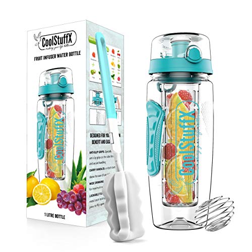 Coolstuffx Botella de agua con infusor de frutas 3 en 1 + batidor de proteínas. Grande de 1 litro + guía de tiempo motivacional, sin BPA, libro de recetas gratis, Azul verdoso
