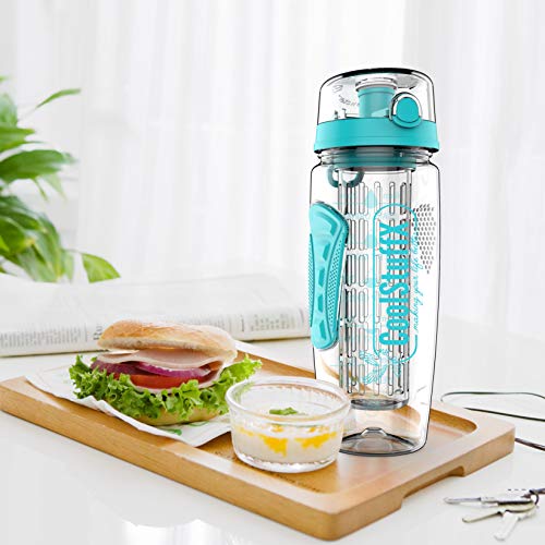 Coolstuffx Botella de agua con infusor de frutas 3 en 1 + batidor de proteínas. Grande de 1 litro + guía de tiempo motivacional, sin BPA, libro de recetas gratis, Azul verdoso