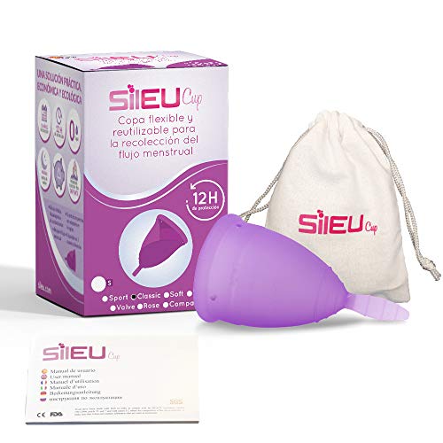 Copa Menstrual Sileu Cup Classic - 12 horas de protección sin fugas ni pérdidas - Según modelo puede escoger flexibilidad blanda normal rígida - Talla L Morado + Esterilizador Plegable Morado