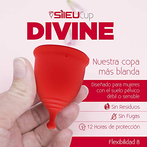 Copa Menstrual Sileu Cup Divine - Fácil de Extraer - Ayuda a prevenir infecciones urinarias y la cistitis - Alternativa ecológica y natural a tampones y compresas - Talla S, Transparente