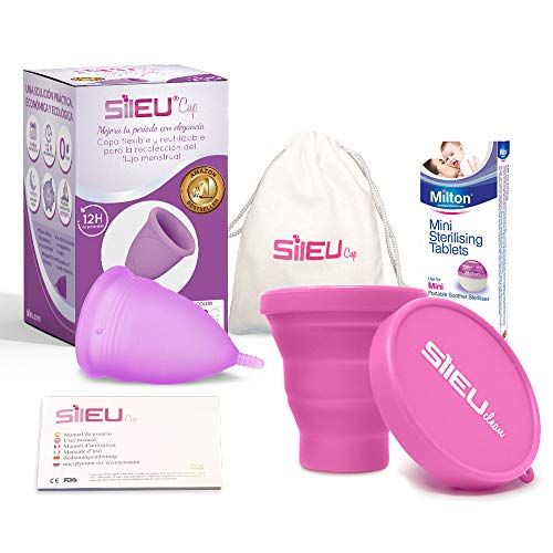 Copa Menstrual Sileu Cup Soft - Suave, hipoalergénica - Vejigas sensibles, calambres y cólicos menstruales - Talla S Morado + Esterilizador Plegable al azar + 50 Pastillas Esterilizadoras Mini Milton