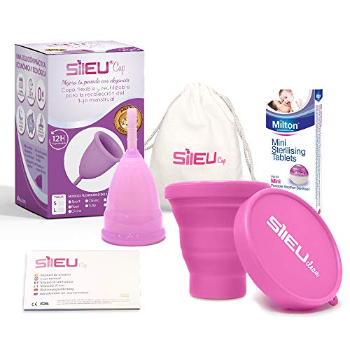 Copa Menstrual Sileu Cup Sport - Copa deportiva para deportes - 12 horas de protección sin fugas y pérdidas - Talla L Morado + Esterilizador Plegable al azar + 50 Pastillas Esterilizadoras Mini Milton