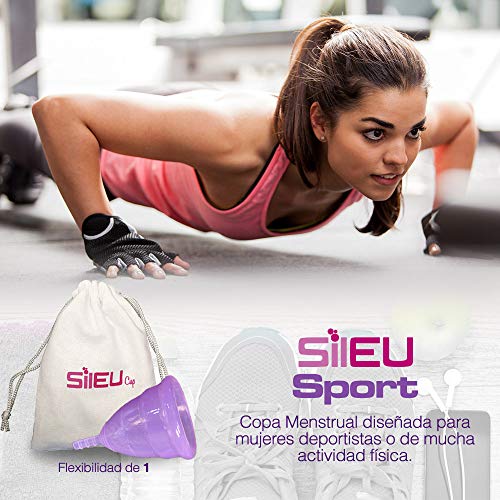 Copa Menstrual Sileu Cup Sport - Copa deportiva para deportes - Fácil de poner y quitar, suave e hipoalergénica - Recomendada por ginecólogos - Talla S, Color Morado + Esterilizador Plegable Morado