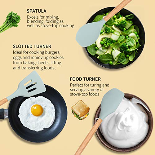 CORAFEI Utensilios de cocina silicona y madera, espátula, cuchara, cucharón, batidor, pinza para espagueti, olla de almacenamiento, 5 cucharas de medir y ganchos - 12 Piezas