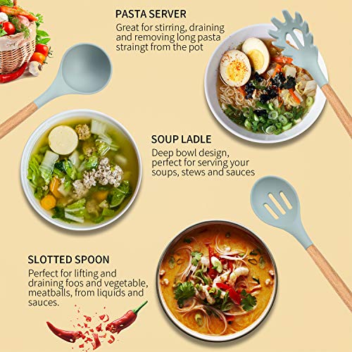 CORAFEI Utensilios de cocina silicona y madera, espátula, cuchara, cucharón, batidor, pinza para espagueti, olla de almacenamiento, 5 cucharas de medir y ganchos - 12 Piezas