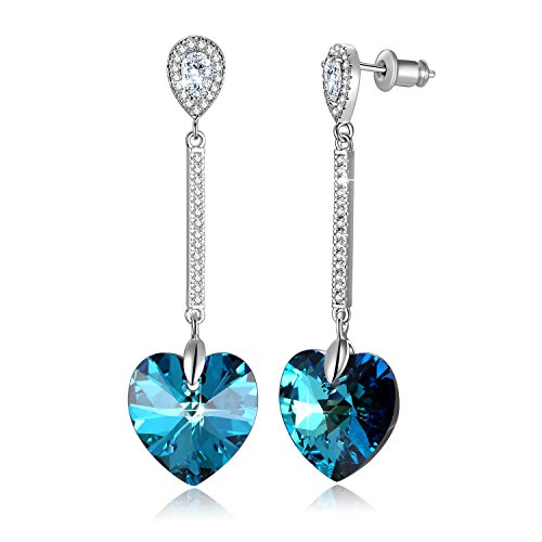 Corazón Pendientes Mujer "Dulce Amor" Púrpuras Azul Pendientes Largos con Colgantes Cristal Swarovski, Pequeño Regalos para Novia / Mujeres, Usted Siempre Será Mi Amor