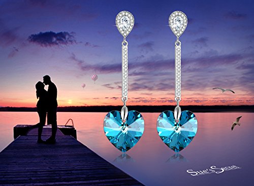 Corazón Pendientes Mujer "Dulce Amor" Púrpuras Azul Pendientes Largos con Colgantes Cristal Swarovski, Pequeño Regalos para Novia / Mujeres, Usted Siempre Será Mi Amor