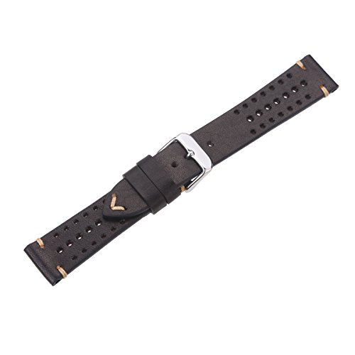 Correas de Reloj de Cuero de Carreras de 20 mm, Cada Correa de Repuesto Negra bronceada Vegetal Transpirable Negro