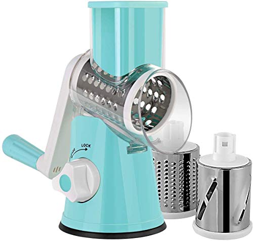 Cortadora de vegetales Mandoline, cortador de frutas de vegetales multifuncional Rallador de queso de tambor redondo rotativo con 3 cuchillas giratorias de acero inoxidable para moler, cortar seda, rebanar