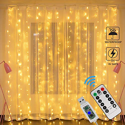 Cortina de Luces LED USB, Zorara 3x3 m 300 LEDs 8 Modos Cortinas de Luz Impermeable Cadena Luz de Cortina Blanca Cálida para Bodas, Casa, Jardín, Decoración Navidad [Clase de eficiencia energética A]