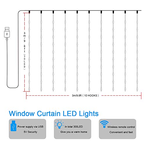 Cortina de Luces LED USB, Zorara 3x3 m 300 LEDs 8 Modos Cortinas de Luz Impermeable Cadena Luz de Cortina Blanca Cálida para Bodas, Casa, Jardín, Decoración Navidad [Clase de eficiencia energética A]