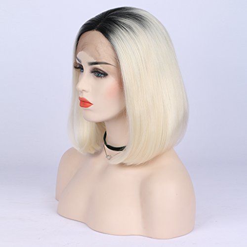 Corto Bob, Ombre Rubio calor seguro sintético pelo Lace Front Peluca con corto negro raíces