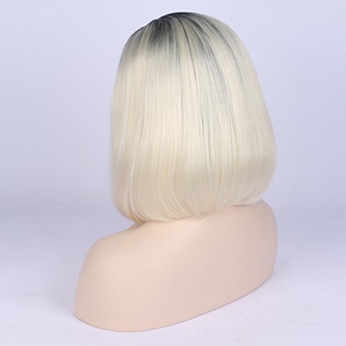 Corto Bob, Ombre Rubio calor seguro sintético pelo Lace Front Peluca con corto negro raíces