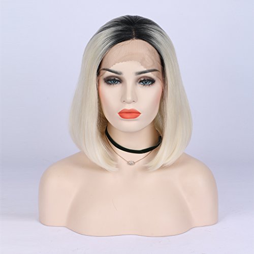 Corto Bob, Ombre Rubio calor seguro sintético pelo Lace Front Peluca con corto negro raíces