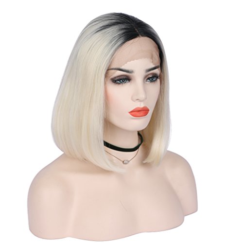 Corto Bob, Ombre Rubio calor seguro sintético pelo Lace Front Peluca con corto negro raíces
