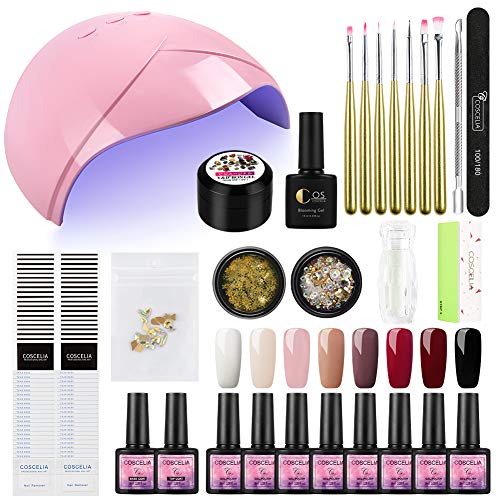 Coscelia 8 Colores Esmalte Semipermanente para Uñas 8ml Secador de Uñas 36W UV/LED Curado Esmalte Gel con Temporizador Base Top Gel para Manicura Kit