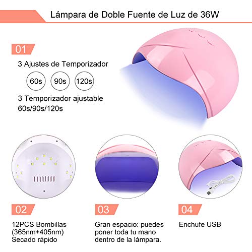 Coscelia 8 Colores Esmalte Semipermanente para Uñas 8ml Secador de Uñas 36W UV/LED Curado Esmalte Gel con Temporizador Base Top Gel para Manicura Kit