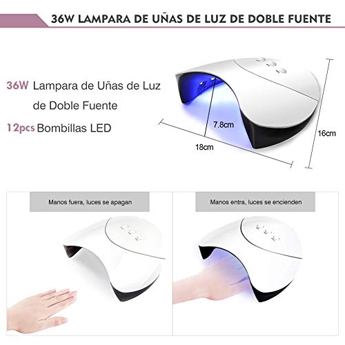 Coscelia Kit de Esmaltes Semipermanentes Lampara LED/UV de 36W 8pcs Esmaltes en Gel Máquina de Taladro de Uñas Base y Top Coat Accesorios de Manicura
