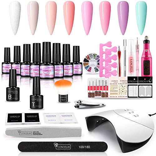 Coscelia Kit de Esmaltes Semipermanentes Lampara LED/UV de 36W 8pcs Esmaltes en Gel Máquina de Taladro de Uñas Base y Top Coat Accesorios de Manicura