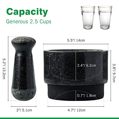 COSYLAND Mortero con Mano y 2 Majas de Granito Cubierta y Alfombra de Silicona Doble Cara Triturador de Pastillas para Alimentos Píldoras Especias de Piedra Sólida Semillas de Hierbas Jengibre Ajo
