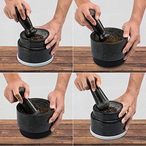 COSYLAND Mortero con Mano y 2 Majas de Granito Cubierta y Alfombra de Silicona Doble Cara Triturador de Pastillas para Alimentos Píldoras Especias de Piedra Sólida Semillas de Hierbas Jengibre Ajo