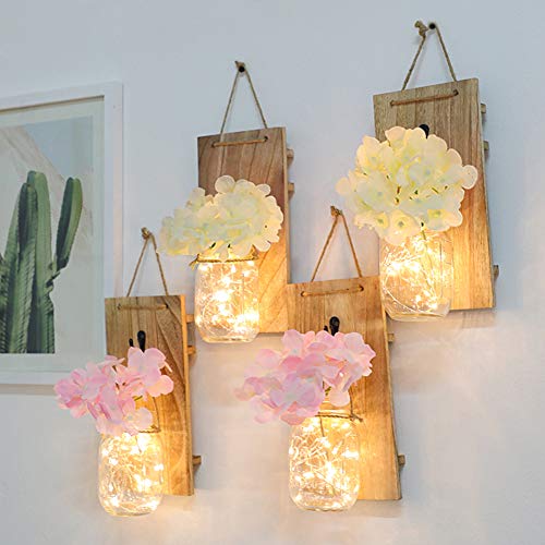 Cozyhoma - Juego de 2 tarros de Pared rústico para decoración del hogar, de Seda, con Tiras de Luces LED de Hadas y Ganchos de Hierro Forjado Vintage