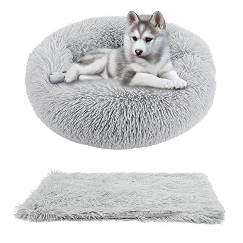 Cozywind Cama Gato Suave Cama Perro Redonda+manta para mascotas,Mascotas Calentito Cojín Lavable Invierno de Felpa,Diámetro 50cm,Gris Claro