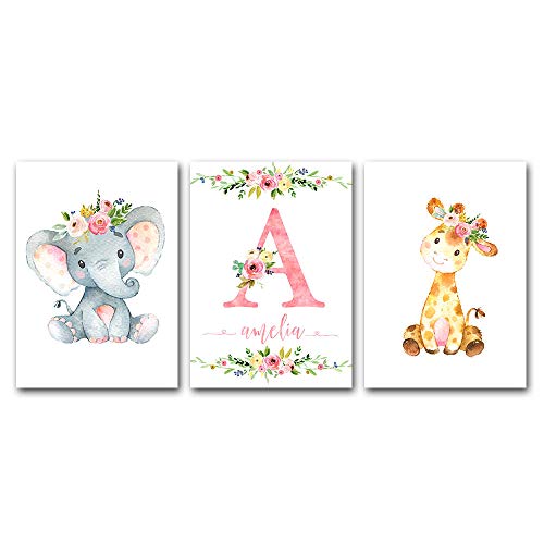 Cqzk Elefante Carteles Personalizados Nombre Personalizado Vivero Arte Impresiones Flores Rosadas Lienzo Pintura Imágenes para Niñas Habitación 40x60cmX3 Sin Marco