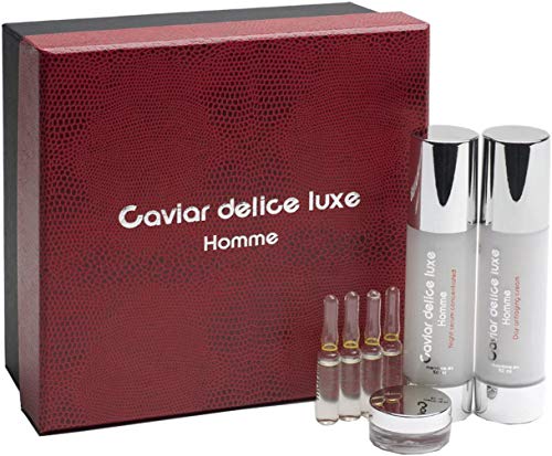 Crema ANTIARRUGAS HOMBRE. Tratamiento Facial CAVIAR DELICE LUXE . Rejuvenece , Reafirma , Tensa y da luminosidad. Caja Lujo. 50 ml + 50 ml + 4 ampollas + Miniatura. Ideal para Regalo.