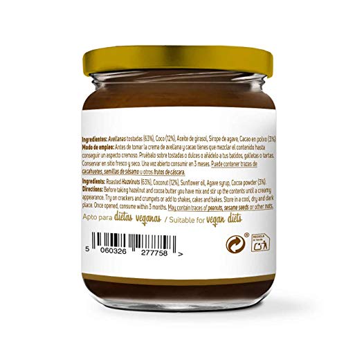 Crema de Avellanas y Cacao con Coco de HSN | 100% Natural | Apto Vegano - Sin grasa de palma - Sin grasa trans - Sin azúcar ni sal añadidos, Sin Gluten ni Lactosa – 250g