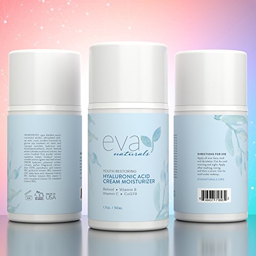 Crema Humectante de Ácido Hialurónico Eva Naturals - la Mejor Antiarrugas - Humectante Facial, Piel Seca, Retinol, Vitamina B, C, E y CoQ10 - Anti-Edad: Mejora Piel Seca, Reduce Líneas Finas y Arrugas